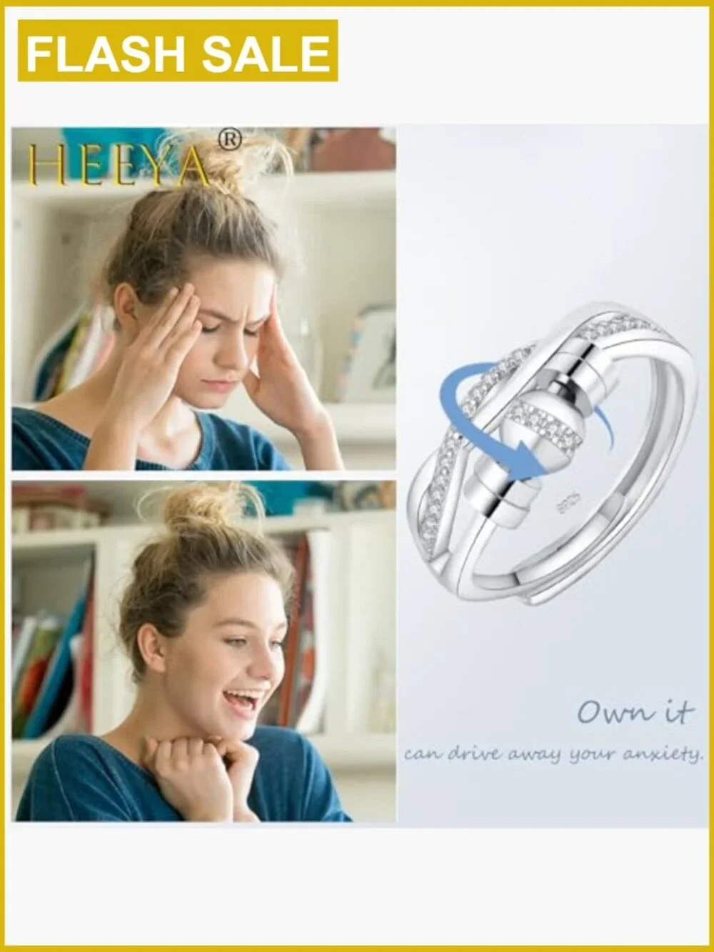 Adjustable Sterling Silver Fidget Spinner Ring for Anxiety Relief
